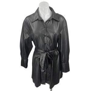 Zara Black Faux Leather Vegan Long Sleeve Tie Waist A Line Mini Dress Size S
